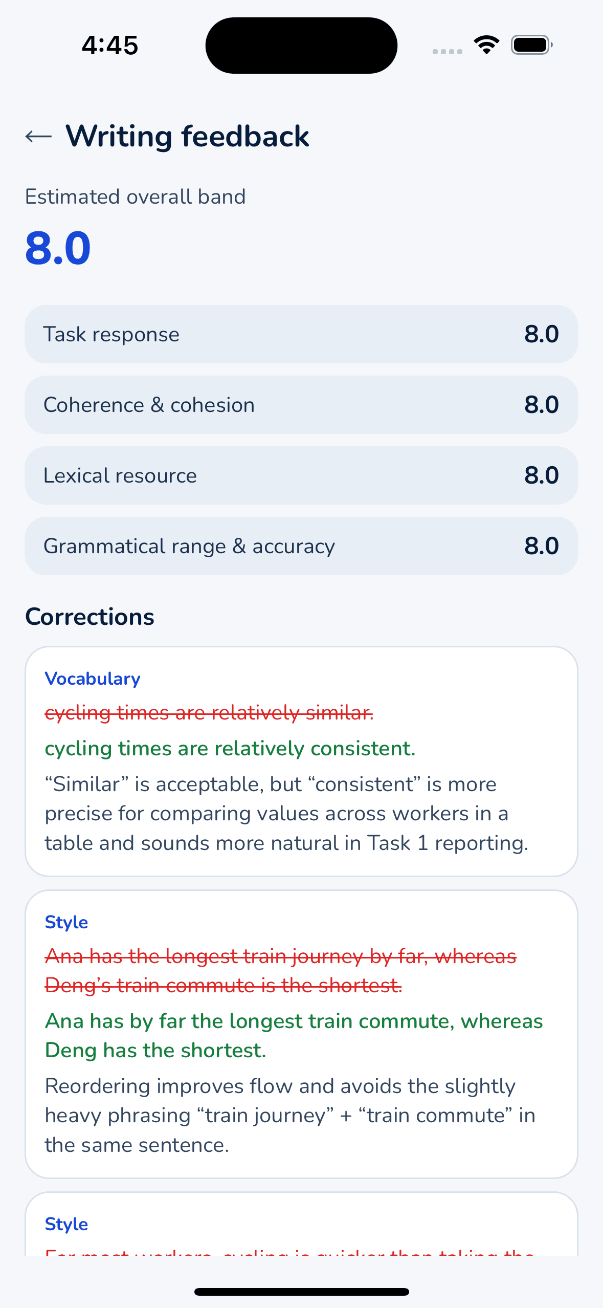 Verbola writing feedback screen showing an estimated overall band of 8.0, all four IELTS criteria scored, and inline corrections with explanations