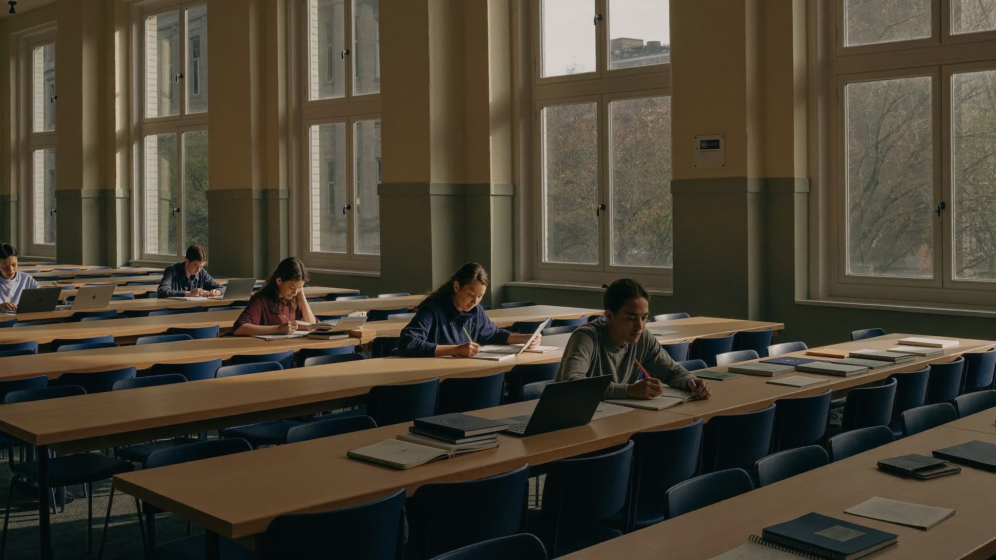 A calm university study hall in late-afternoon light, students working independently at long wooden tables