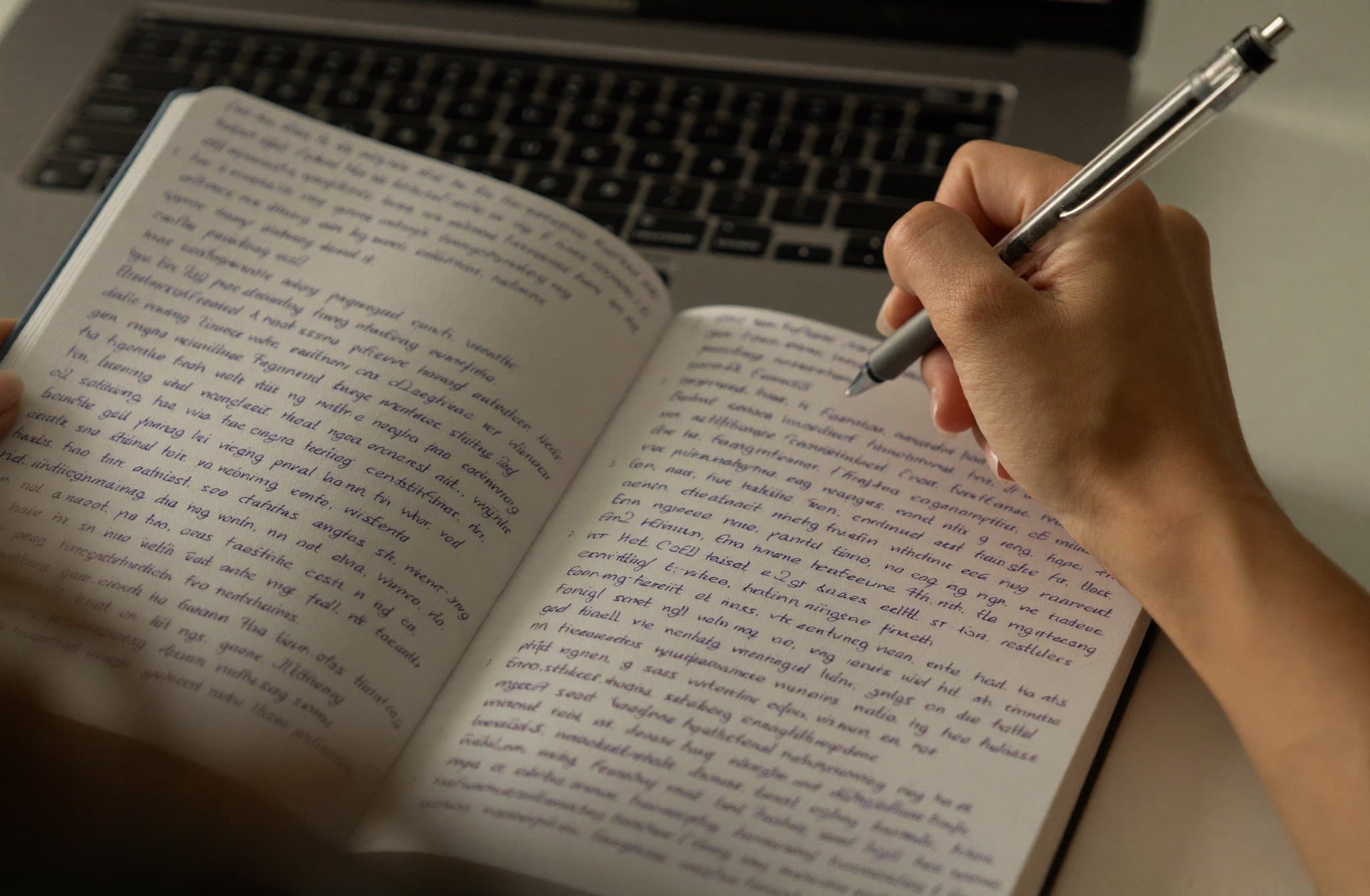 Hands writing a chart description draft in a notebook for IELTS Task 1