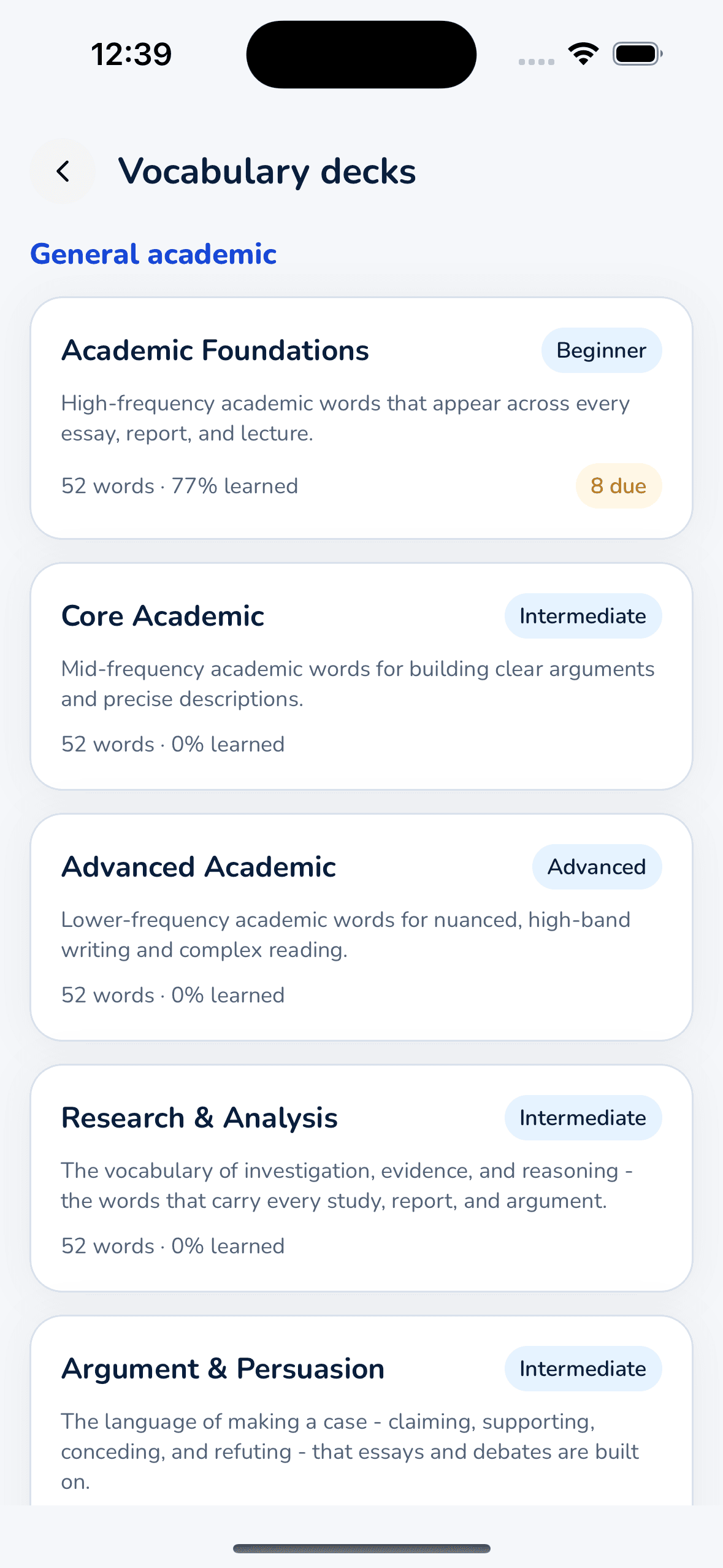 Verbola Vocabulary decks screen showing themed word decks with progress
