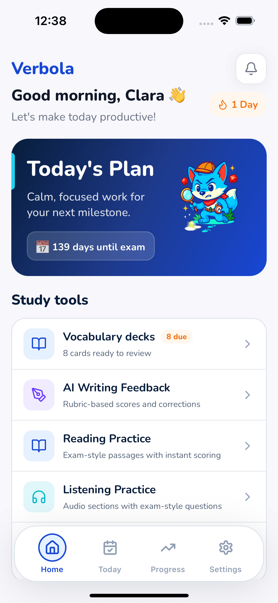 Verbola home screen greeting the learner with Today's Plan, 139 days until exam, and the study tools list