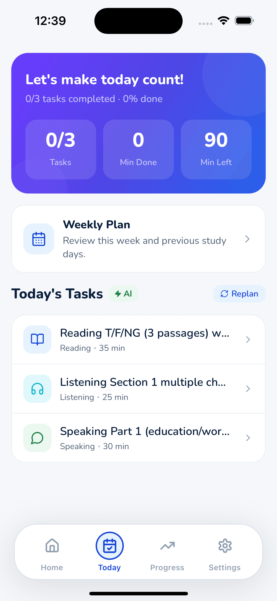 Verbola Today screen with 90 minutes of tasks: reading passages, a listening section and a Speaking Part 1 task
