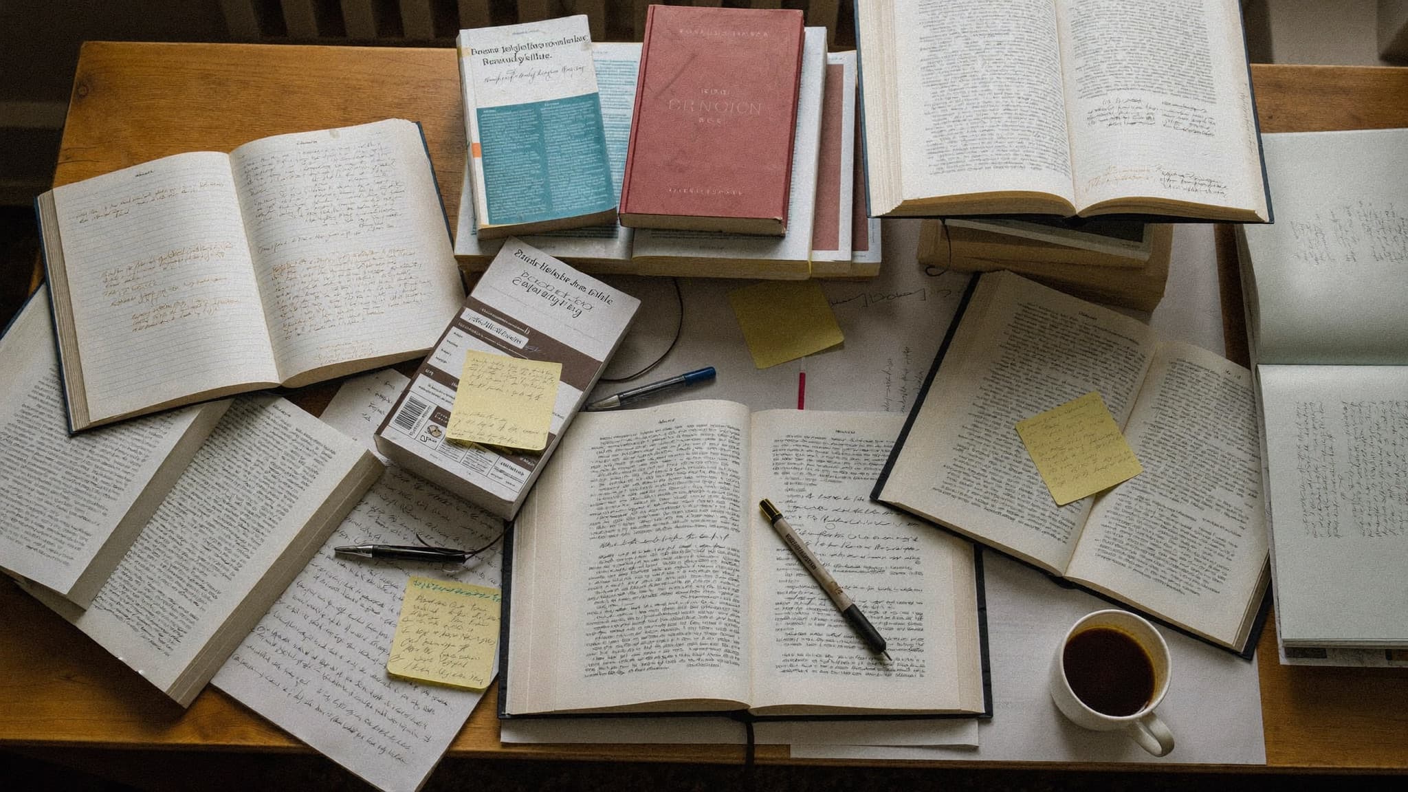 A student at a desk surrounded by open books and notes, planning IELTS preparation